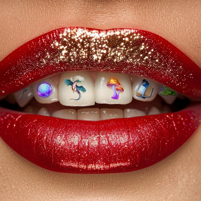 Halloween Tooth Bling Tattoo – Temporary Tooth Gem Kit for Teeth – Safe for Teens & Adults, Removable Fun Fake Tooth Tattoo Stickers for Halloween Costume, Party & Cosplay (Fantasy)