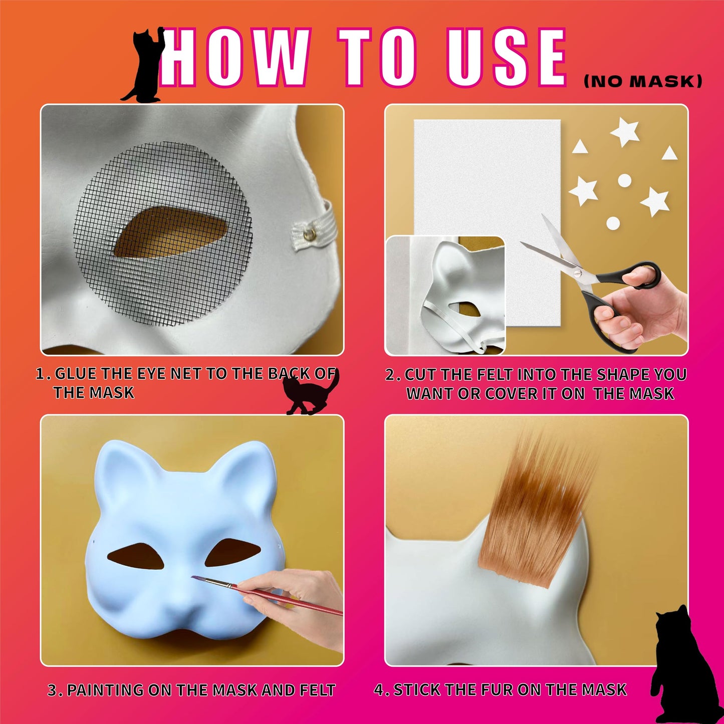DIY Cat Mask Accessory with Fur & Eyes Mesh and Fuzzy Fabric,DIY Cat mask All-in-One to Paint, Blank White Mask for Halloween Masquerade Cosplay Party