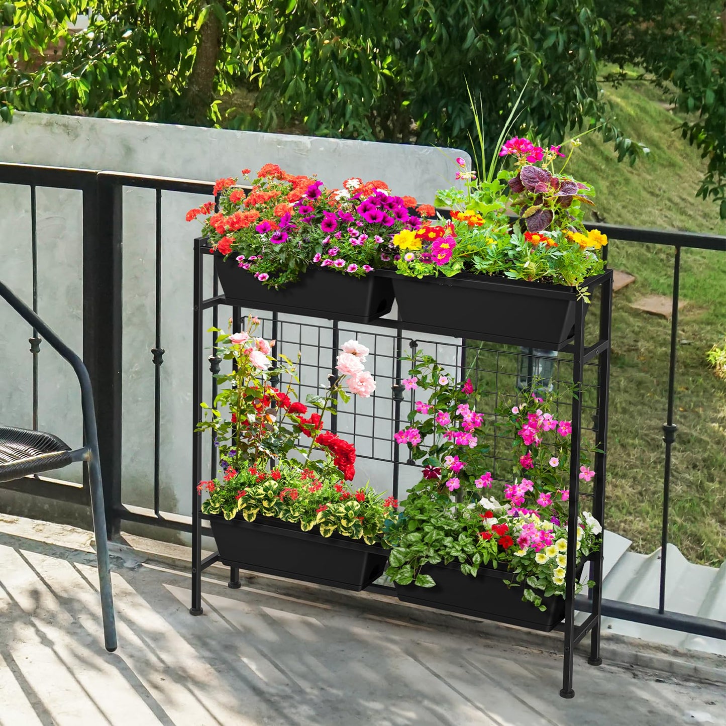 OYEAL Raised Garden Bed 32" Tall Elevated Planter Boxes with Trellis & Railing Planter Box Outdoor 4 Pack Hanging Balcony Planters