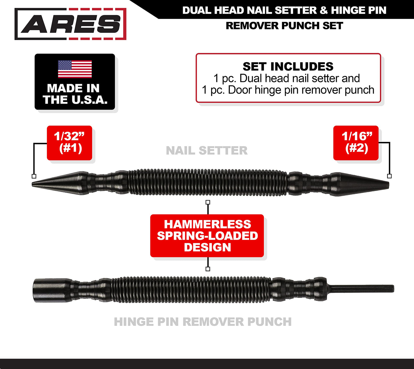 ARES 10012 – 2-Piece Dual Head Nail Setter & Hinge Pin Remover Punch Set – Nail Setter Features 1/32-Inch (#1) and 1/16-Inch (#2) Dual Head Design – CNC-Precision Machined - 5000 PSI Striking Force