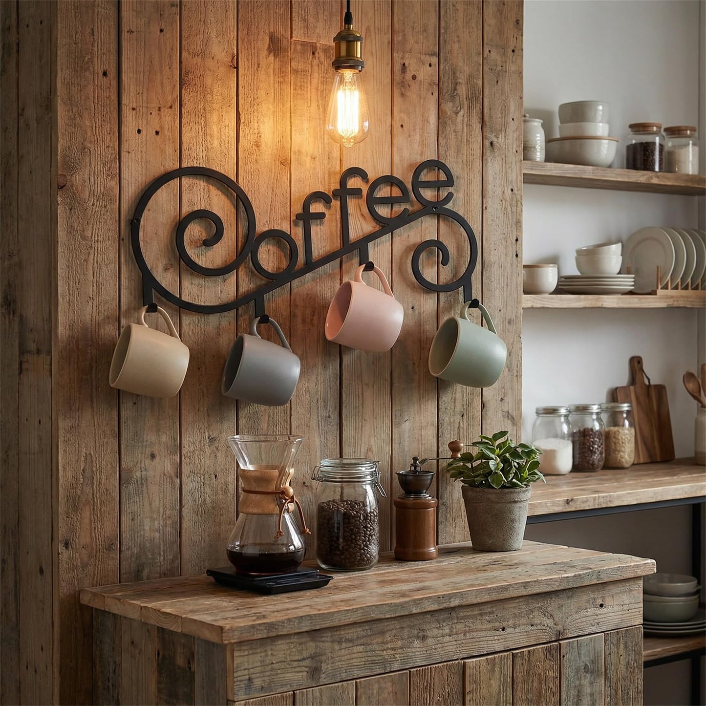 WOPARTY Metal Wall Mounted Coffee Cup Mug Holder with 4 Hooks, 15.75 x 6.3 Inch, Decorative Coffee Bar,Kitchen, Bar Station Accessories Decor