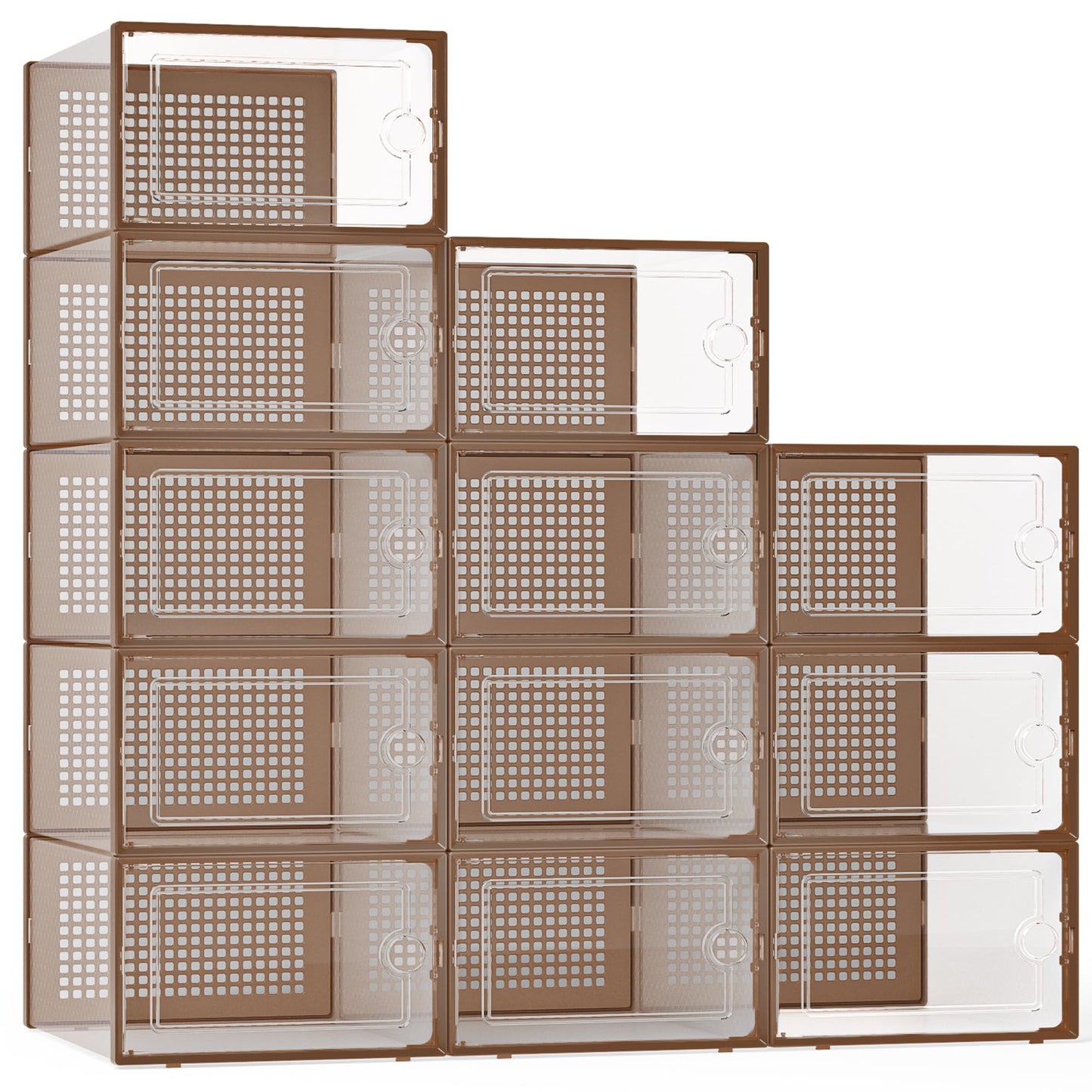 Kuject X-Large Shoe Storage Boxes Organizers for Closet 12 Pack, Fit Size 11,Clear Plastic Stackable Sneaker Containers for Entryway, Space Saving Shoe Rack, Brown