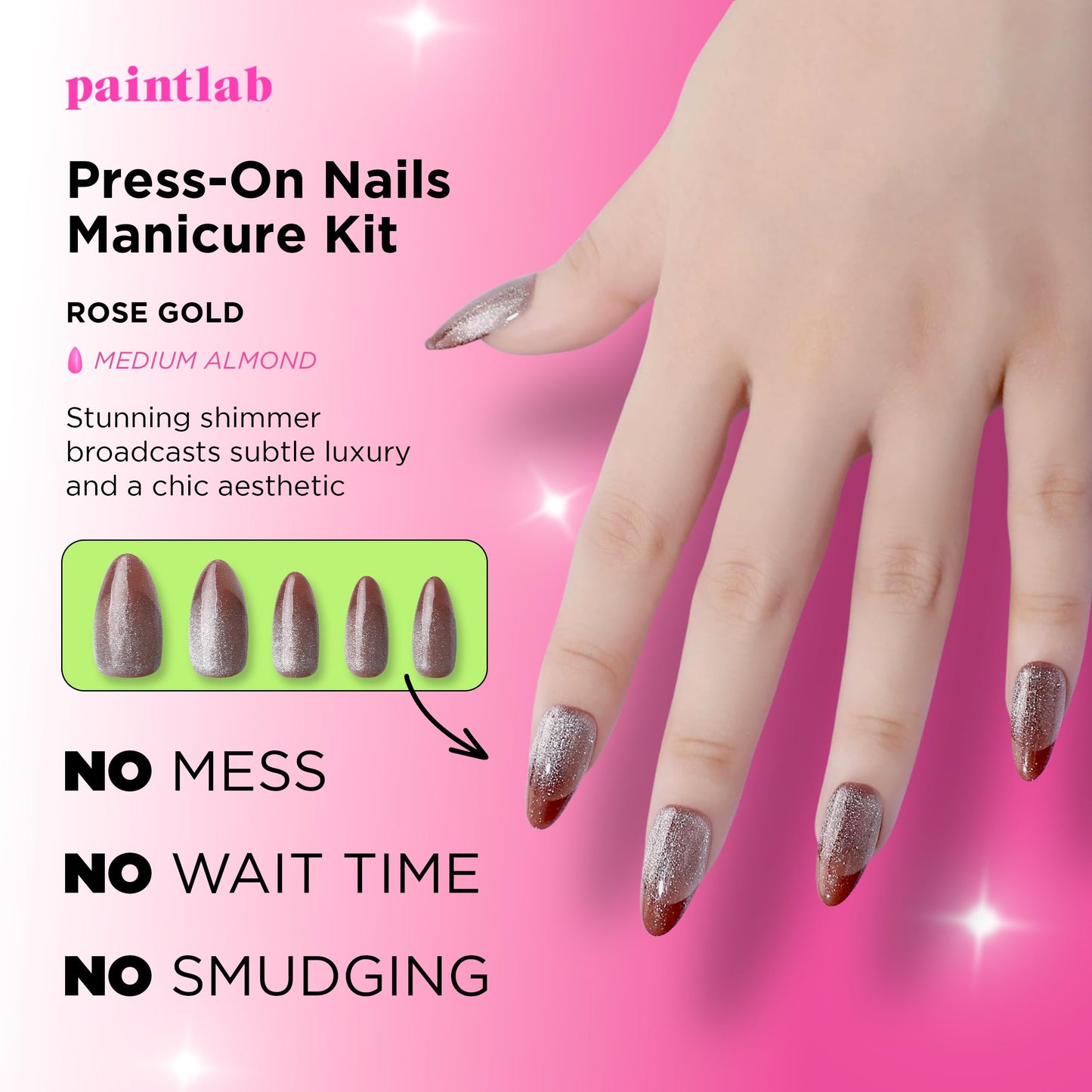 PaintLab Press On Nails - Rose Gold Cat Eye Brown Almond Fake Nails, 30 Nails in 15 Sizes with Glue, Reusable Salon Quality Press On Nails