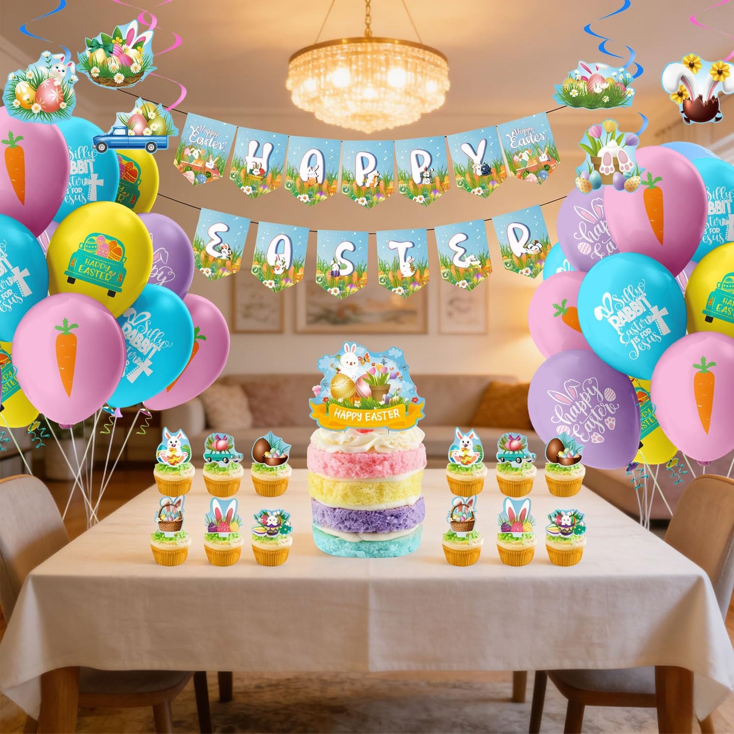 Favuit Happy Easter Party Decorations Kit, Easter Egg Bunny Party Supplies with Banner, Cake Topper, Cupcake Picks, Balloons, Stickers & Hanging Swirls for Home & Classroom