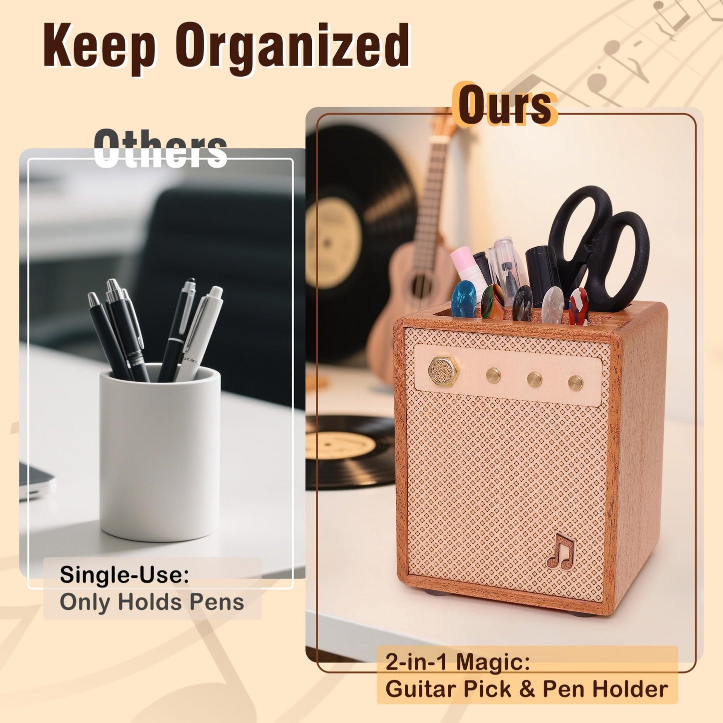 CoolGift Mart Guitar Accessories, Sapele Wood Amp Styled Guitar Pick Holder with Pen Storage, Desk Organizer Gift for Guitarists for Picks and Pens Storage