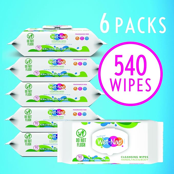 Wet Nap Hand & Face Cleansing Wipes | Disposable Plant-Based Wet Wipes | Gentle, Fragrance Free Formula for Sensitive Skin | Paraben-Free & Alcohol-Free | 90 Count (Pack of 6)