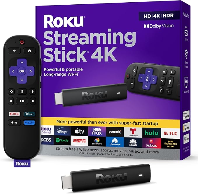 Roku Streaming Stick 4K - HDR & Dolby Vision Roku Streaming Device for TV with Voice Remote & Long-Range Wi-Fi - Free & Live TV