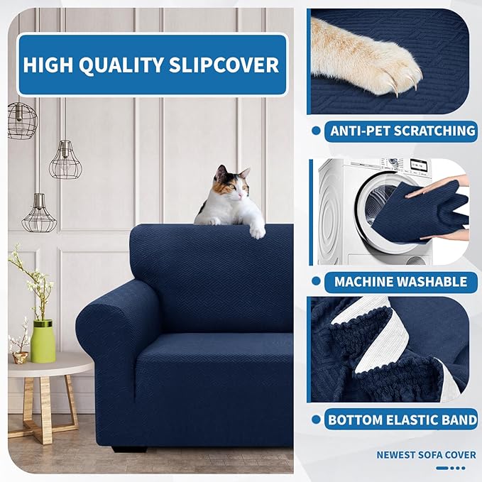 XINEAGE 2026 New 1 Piece Couch Covers for 2 Cushion (55"-69") Stretch Loveseat Sofa Cover Slipcover Jacquard Universal Furniture Protector with Elastic Bottom for Kids,Dog (Loveseat, Navy Blue)