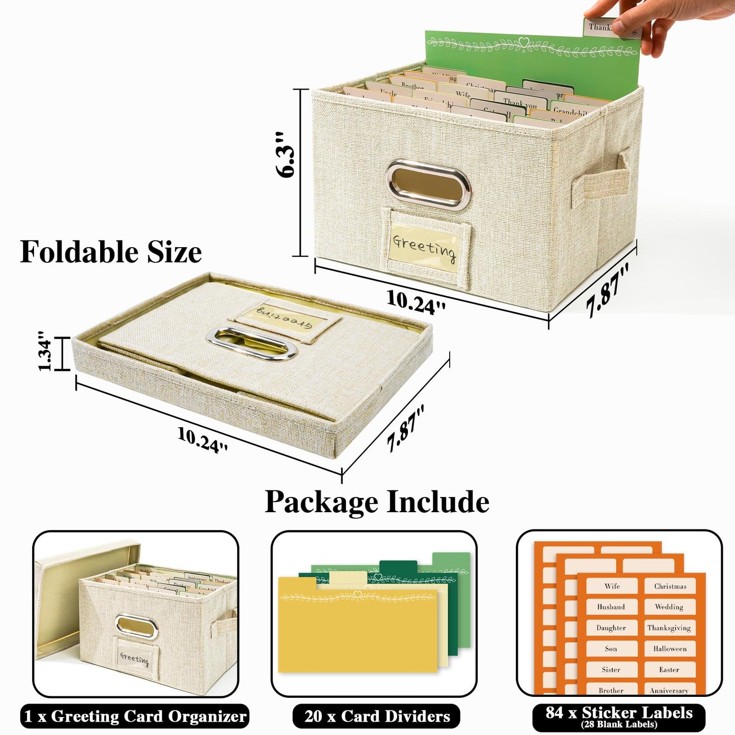 Vienrose Greeting Card Organizer 1 Pack, Storage Box with 20 Adjustable Dividers, Foldable Organizer Box Holds over 150 Cards, Storage Stickers Recipes Photos Envelopes Bills Vinyl Records, Beige