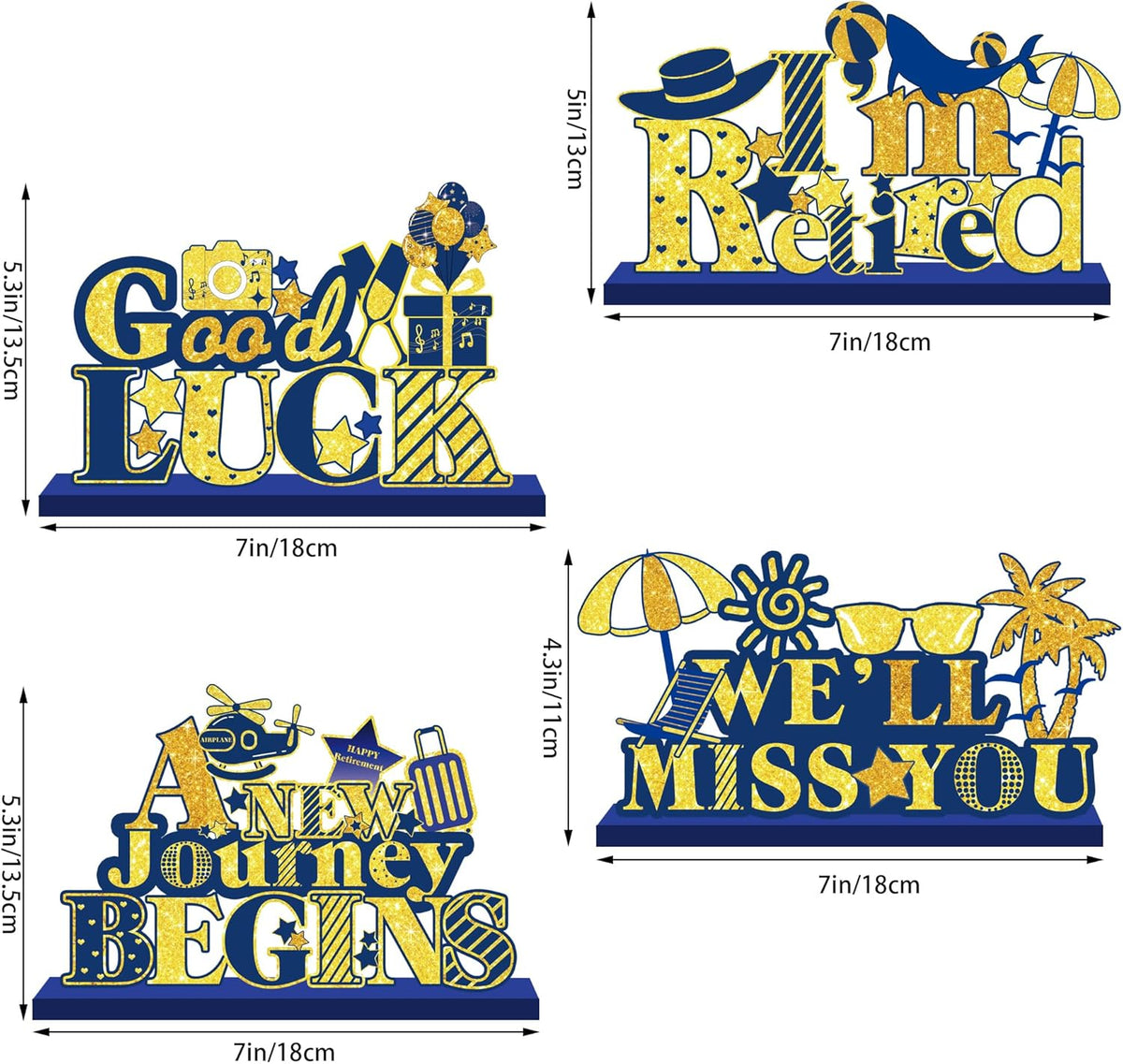 4Pcs Retirement Party Decorations Wooden Table Sign, Blue Gold Retirement Wooden Table Centerpieces Party Supplies, Retired Theme Farewell Sign, Retirements Gift We'll Miss You Decor (blue)