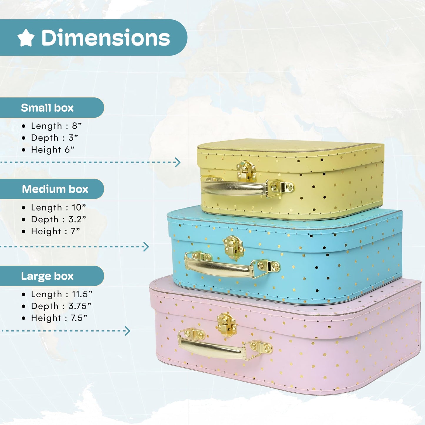 Jewelkeeper Decorative Storage Boxes Set of 3 - World Map Mini Suitcase Style Cardboard Suitcase with Brass Clasps and Handle - Ideal for Travel Decor, Event Props and Gift Presentation