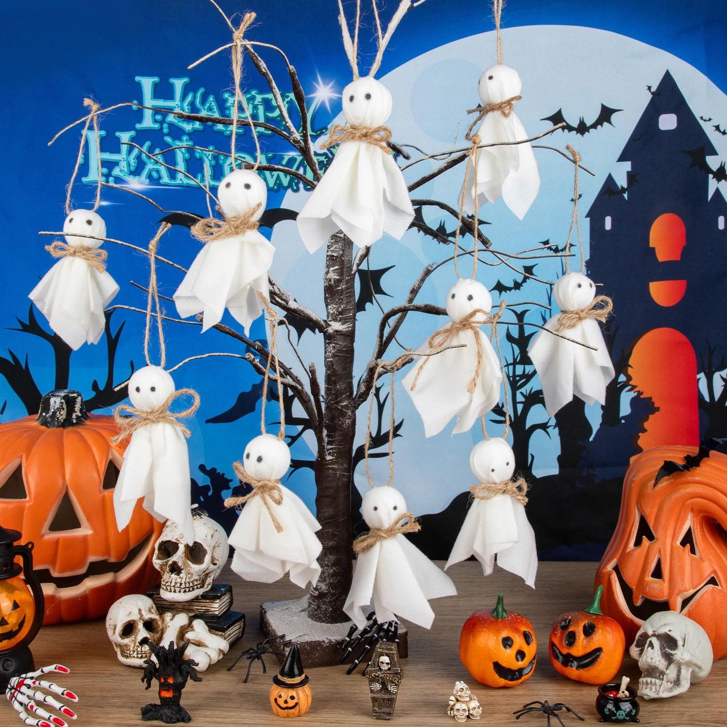 40 Pcs Small Halloween Ghost Hanging Ornaments, 4Inch Mini Halloween Cute Ghost Tree Ornaments Decor for Bedroom, Classroom, Yard, House Party