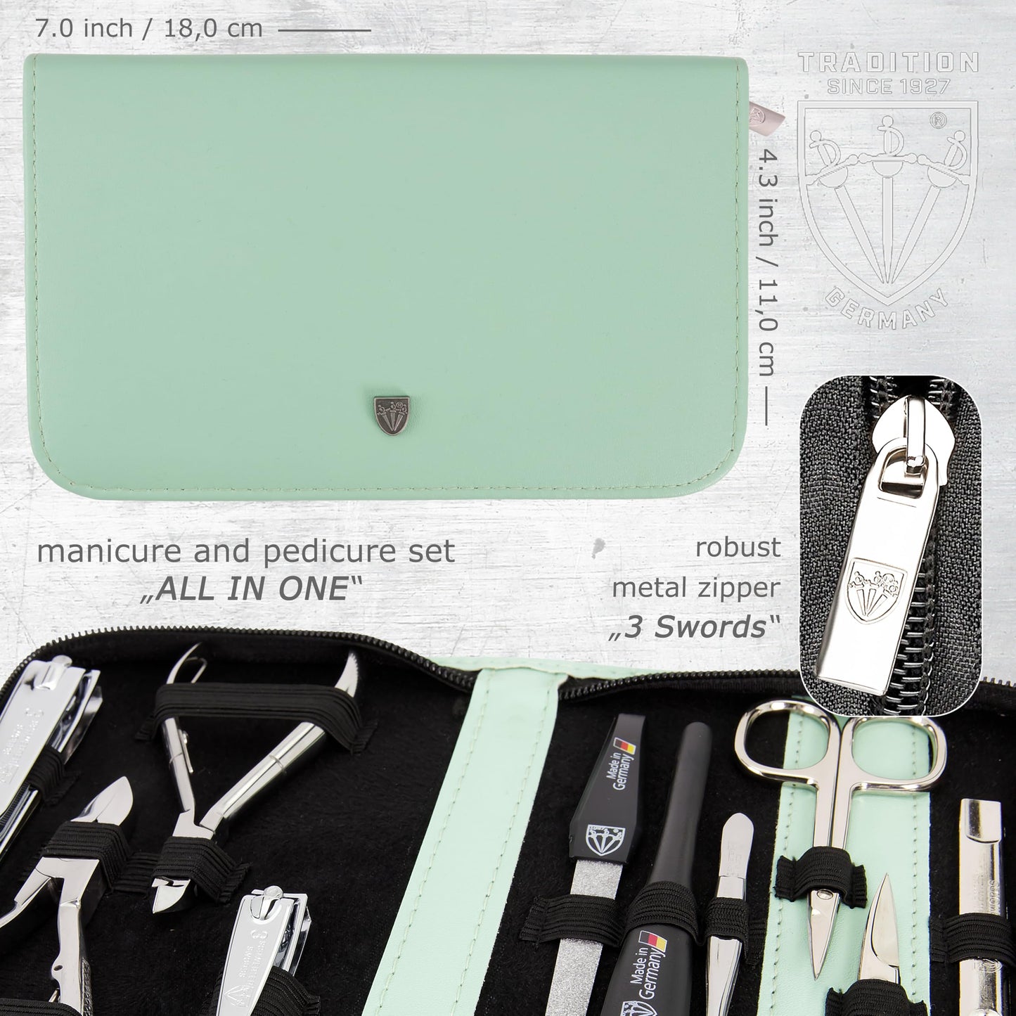 3 Swords Germany - brand quality 10 piece manicure pedicure grooming kit set for nail care scissors clipper mint synthetic leather case - Made by 3 Swords