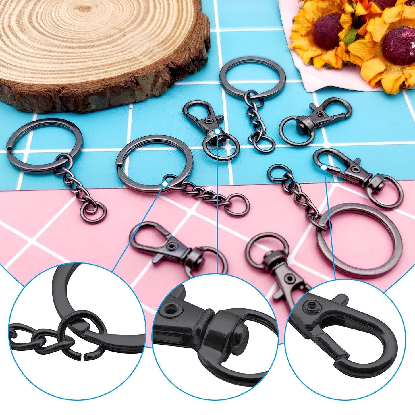 150Pcs Swivel Snap Hook Set,Gun Black Swivel Clasps Lanyard Snap Keychain Hooks Lobster Clasp Split Key Rings with Chain and Jump Rings Bulk for Keychain Lanyard,Charm,Jewelry,DIY Crafts Supplies