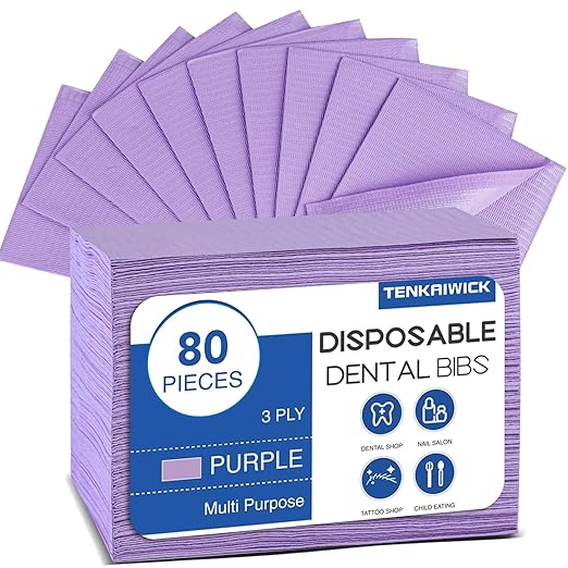 80 Pack Disposable Dental Bibs 13"x18", 3-Ply Waterproof Tattoo Bibs Sheet for Nail Salon, Dental Clinic, Feeding, Tattoo Shop (Purple)