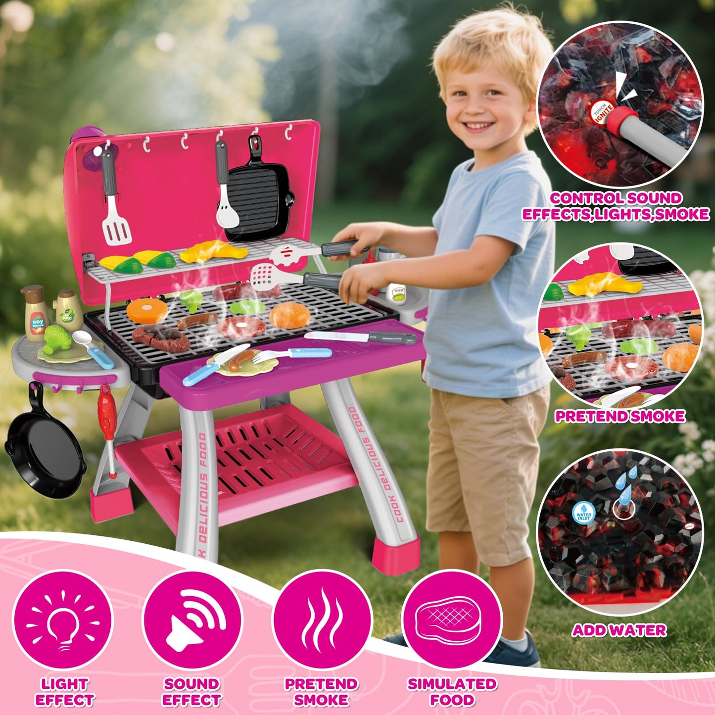 AuroTops Pink Kitchen Toy Set, Kids Grill Playset with Smoke, Sound & Light, Little Chef Play,Cooking Interactive Toys Christmas Birthday Gift