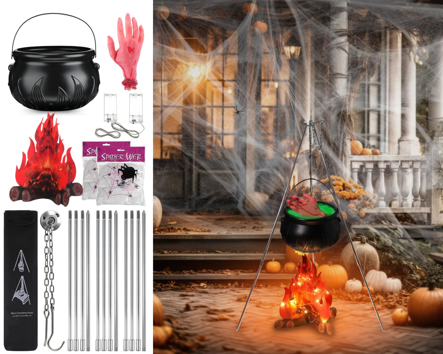 WinnerWhy 9 Pcs Large Witches Cauldron Halloween Decor Set Cauldron on Tripod with Spider Webs Fake Fire String Lights Fake Hand for Halloween Indoor and Outdoor Party Supplies