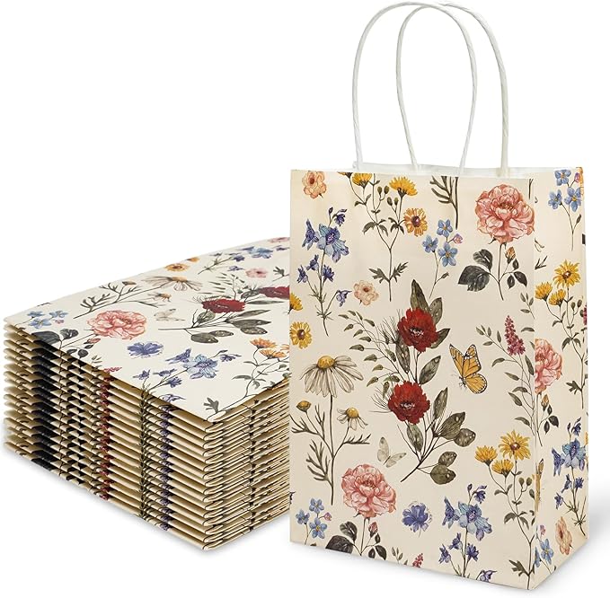 24Pcs Vintage Wildfloral Paper Gift Bags Wildflower Print Treat Bags with Handles Grocery Shopping Bag Candy Goodie Bag for Fall Baby Shower Wedding Party Supplies