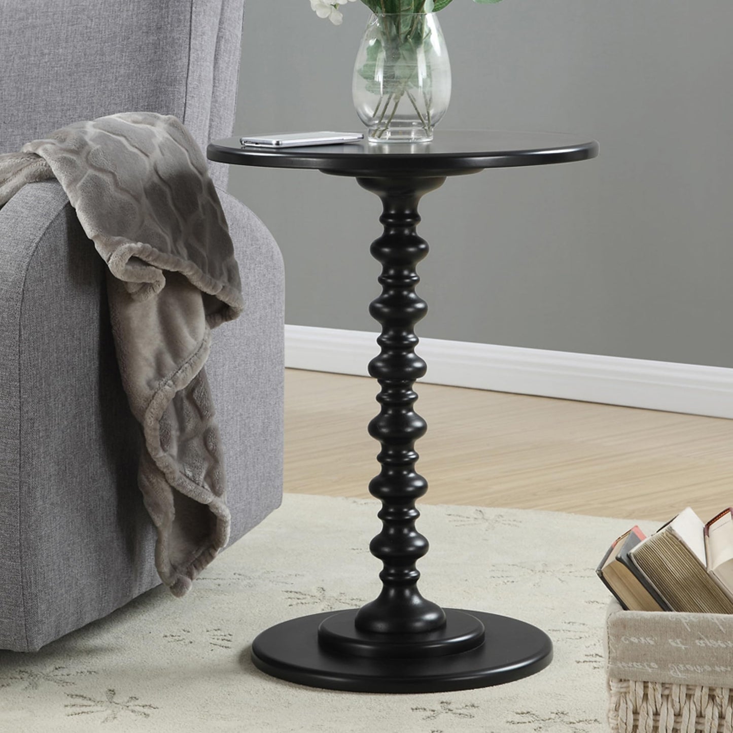 Convenience Concepts Palm Beach Spindle Table 17.75" - Traditional Round End Table for Living Room, Turned Solid Wood Side Table, Classic Display Pedestal Table, Black
