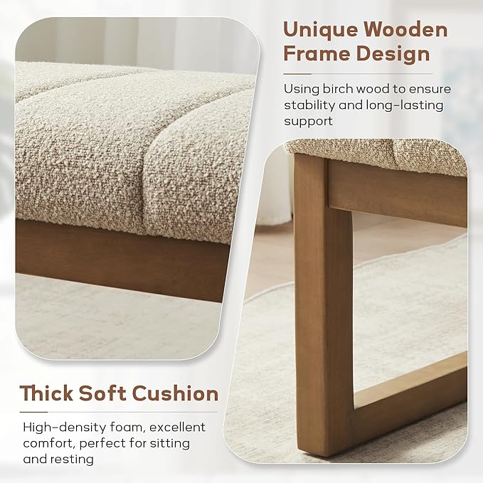 52.7" Bedroom Bench for End of Bed, Modern Upholstered Teddy Fabric Entryway Bench & Dining Bench, Footrest Stool Bench with Solid Wood Frame for Bedroom, Living Room (Camel)