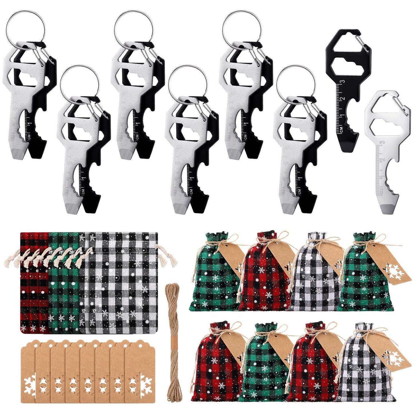 Potchen 8 Set Christmas Key Bottle Opener Multitool Gifts White Elephant Gifts for Men Adults Dad Include 16 Xmas 6 in 1 Keychain Tool EDC Gadget 8 Drawstring Bag with Tag Holiday Winter Party Favors