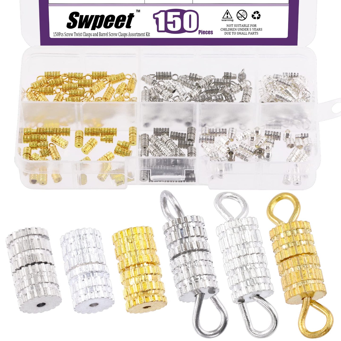Swpeet 150Pcs 2 Styles Gold Silver White K Barrel Screw Twist Clasp Assortment Kit With and Without Ring for Necklace Bracelet DIY