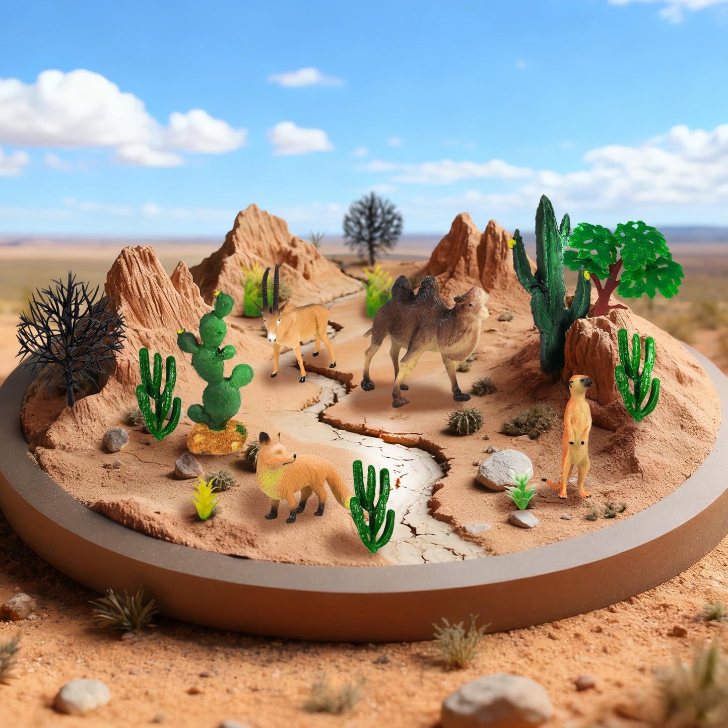 MOMOONNON 34pcs Desert Animal Figures Mixed Diorama Model Plants Artificial Animals with Camel Fox Meerkatz Gazelle for Crafts Building Model Desert Scenery Landscape Supplies