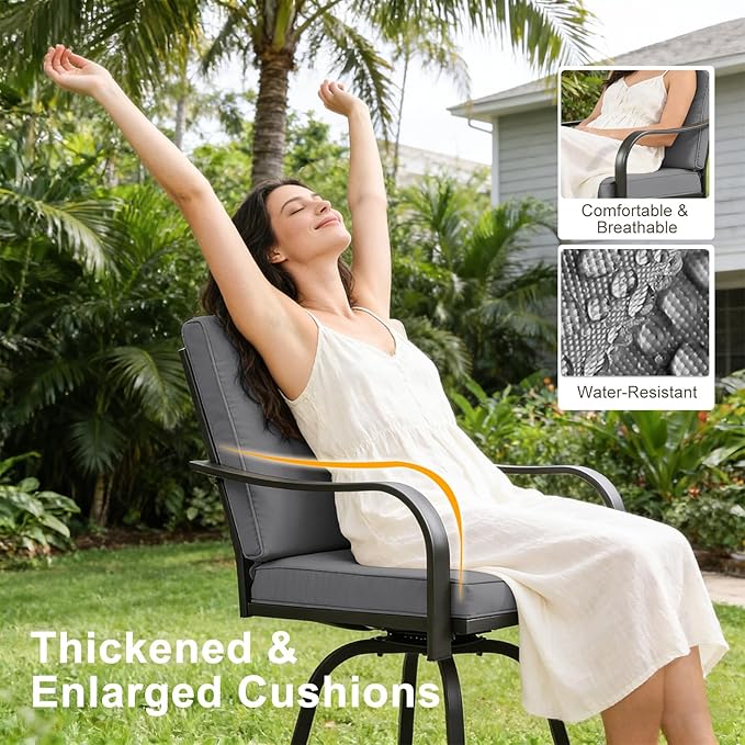Patio Swivel Bar Stools Set of 6, Outdoor Bar Height Swivel Chairs with Cushions for Garden Balcony Backyard, Grey