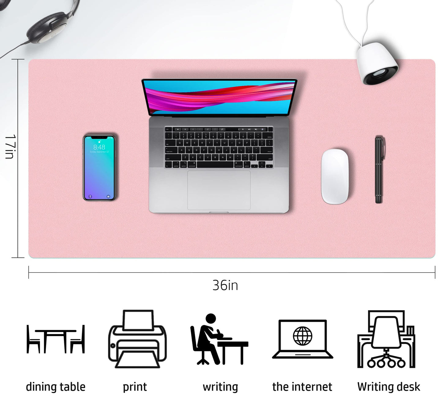 Desk Mat Large Protector Pad - Multifunctional Dual-Sided Office Desk Pad,Smooth Surface Soft Mouse Pad, Waterproof Desk Mat for Desktop, Pu Leather Desk Cover for Office/Home(Pink, 36" x 17")
