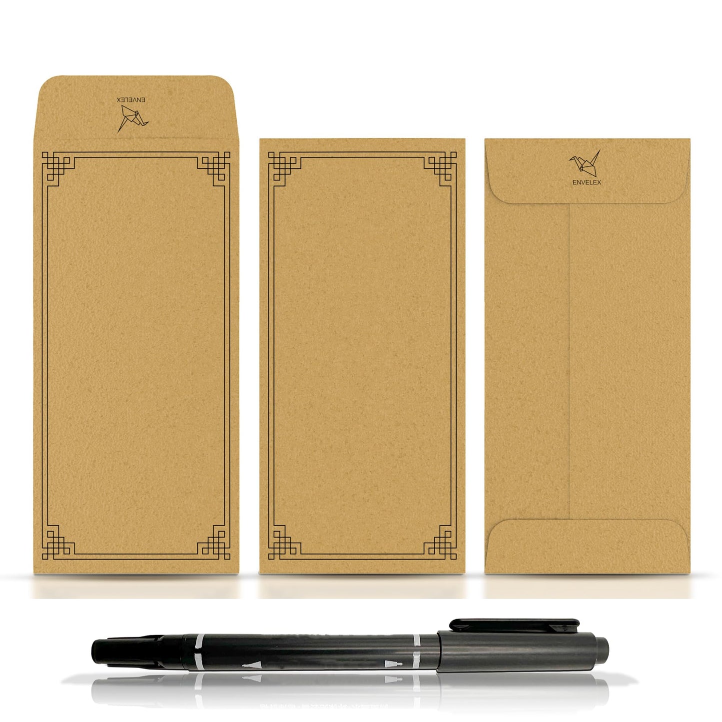 Envelex 100 Pack Brown Cash Envelopes with Black Pen, 3.2" x 6.6" 130 GSM Paper Envelopes with Gummed Flap for Seed Packets, Key Envelopes, Jewelry, Ticket Envelope & Small Parts