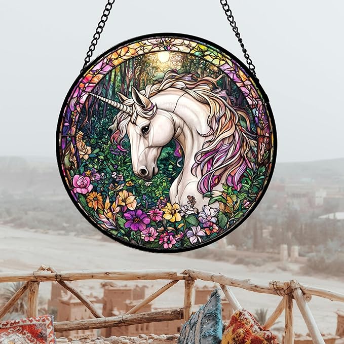 Stained Glass Window Hanging, Unicorn Flowers Suncatcher for Doors Home Sun Catchers Decoration and Christmas, Mother's Day Birthday Gifts for Women, Men, and Mom 14.9x14.9 in