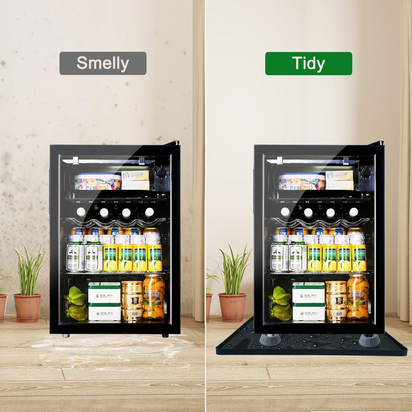 Mini Fridge Silicone Mat with 4 Base Raisers, 23.6"x23.6" Under Refrigerator Drip Pan Floor Protector - 0.8" Raised Edge Prevents Water Leaks & Floor Damage for Fridge, Washer, Dryer, Wine Cooler