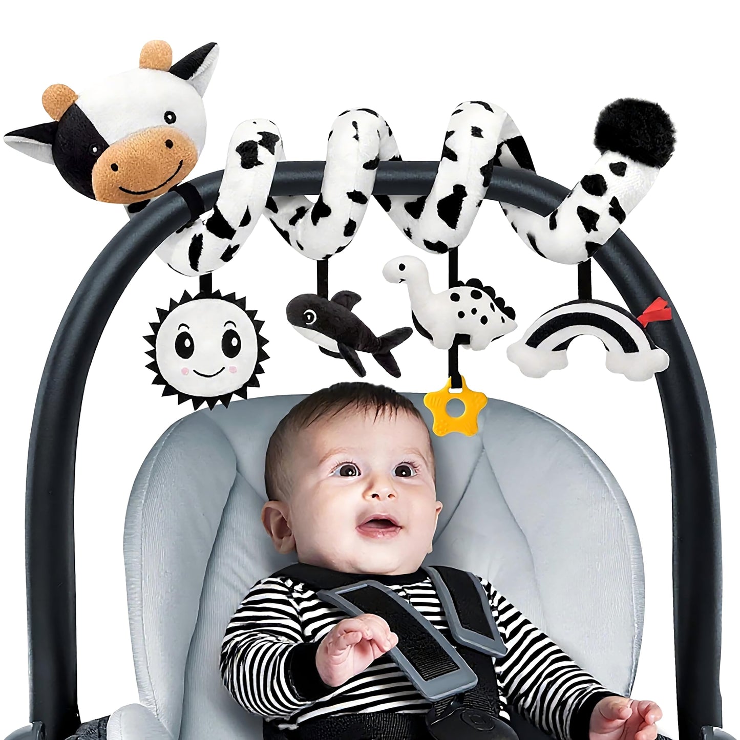 Spiral Car Seat Baby Toys 0-6 Months, Infant Carseat High Contrast Sensory Toys Hanging Stroller Accessories, Newborn Shower Gifts for Baby Boys Essentials Stuff, Cute Black and White Cow