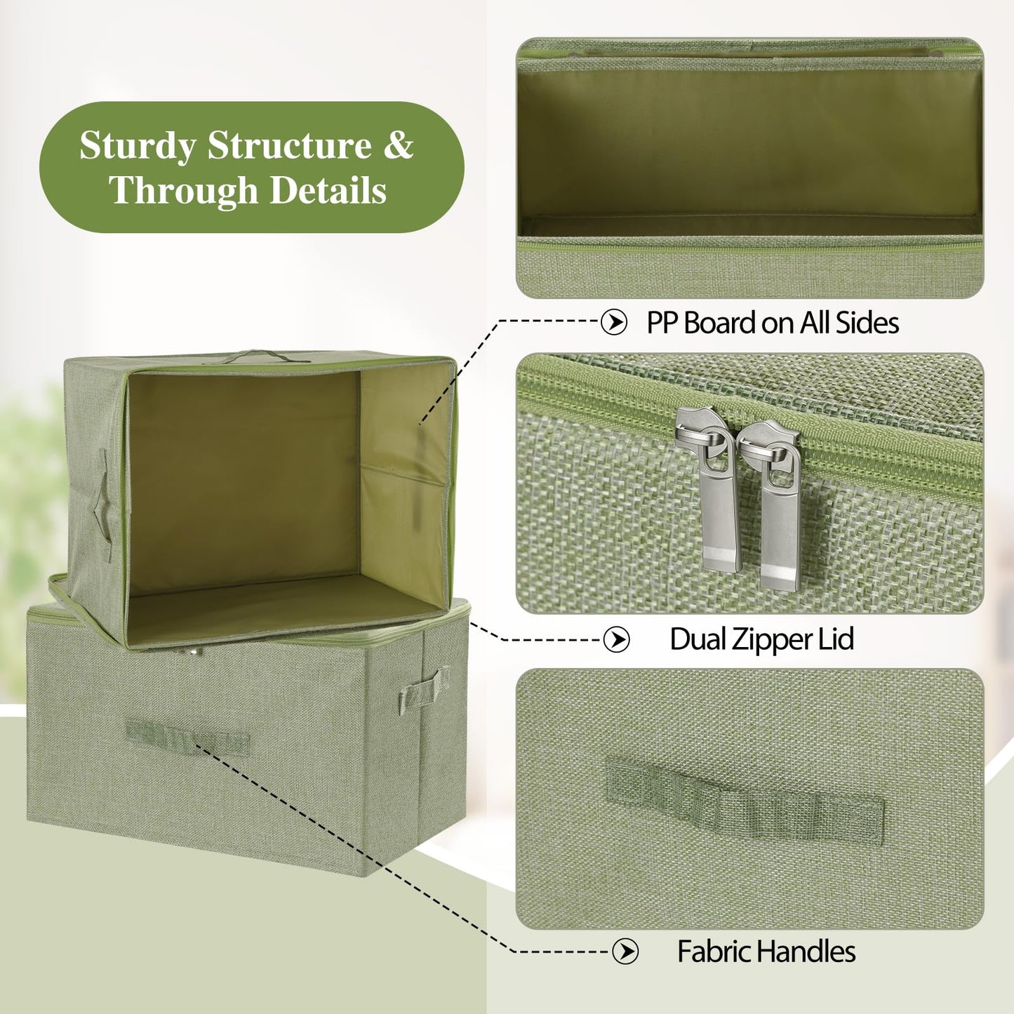 ANMINY Storage Bins with Zipper Lids 36 Qt Lidded Fabric Storage Boxes Baskets Cubes with Handles Collapsible Washable Cotton Linen Closet Shelf Clothes Organizer Containers - Green, Large