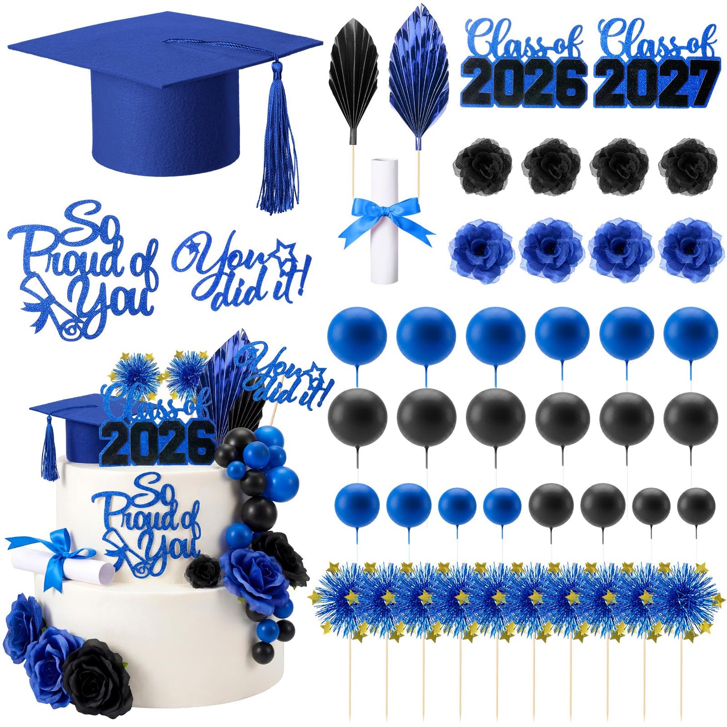 Sureio 48 Pcs Graduation Cake Toppers Class of 2026 Congrats Grad Cake Decor Graduation Cap Diploma Artificial Flower Card Ball Palm Leaves Firework Stick Kit for Theme Party Supplies (Blue, Black)