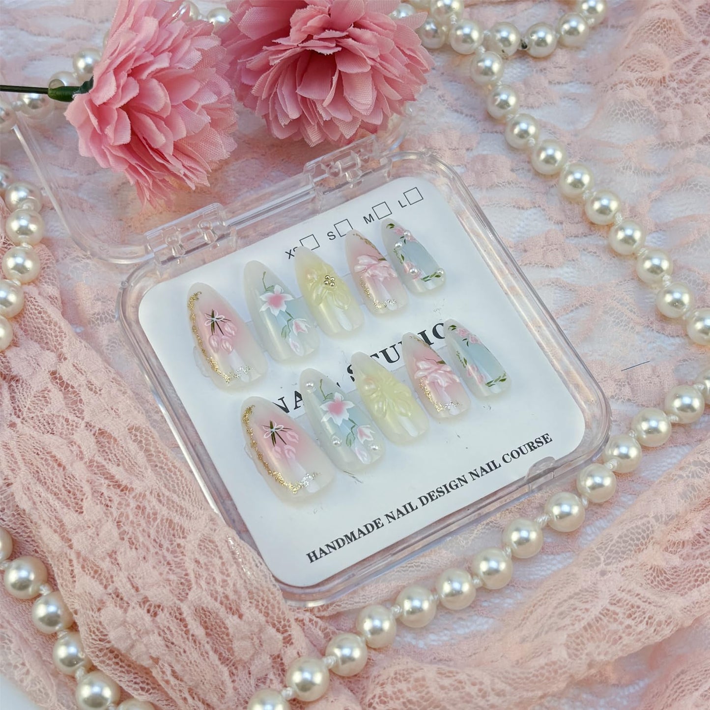 Mkwntg 24Pcs Gradient Press on Nails Medium Almond Fake Nails 3D Light Flower Blush Pearl Shimmer False Nails Pink Blue White Glue on Nails Reusable Acrylic Spring Floral Stick on Nail for Women