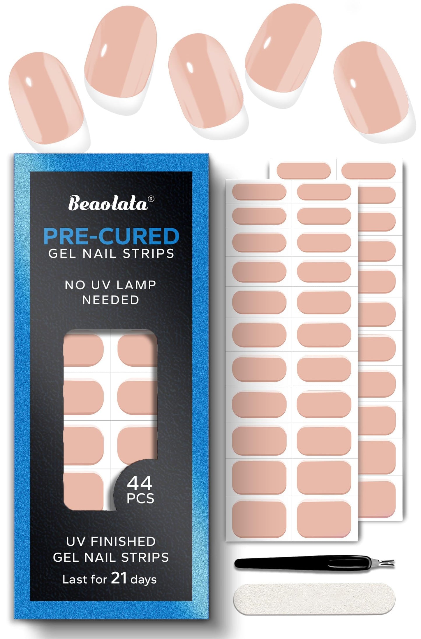 Beaolata Real Gel Nail Strips (No UV Light Needed) - 44Pcs Salon Quality Nail Stickers - Long Lasting Polish Wraps for Women, Easy Apply & Remove (Nude Blush)