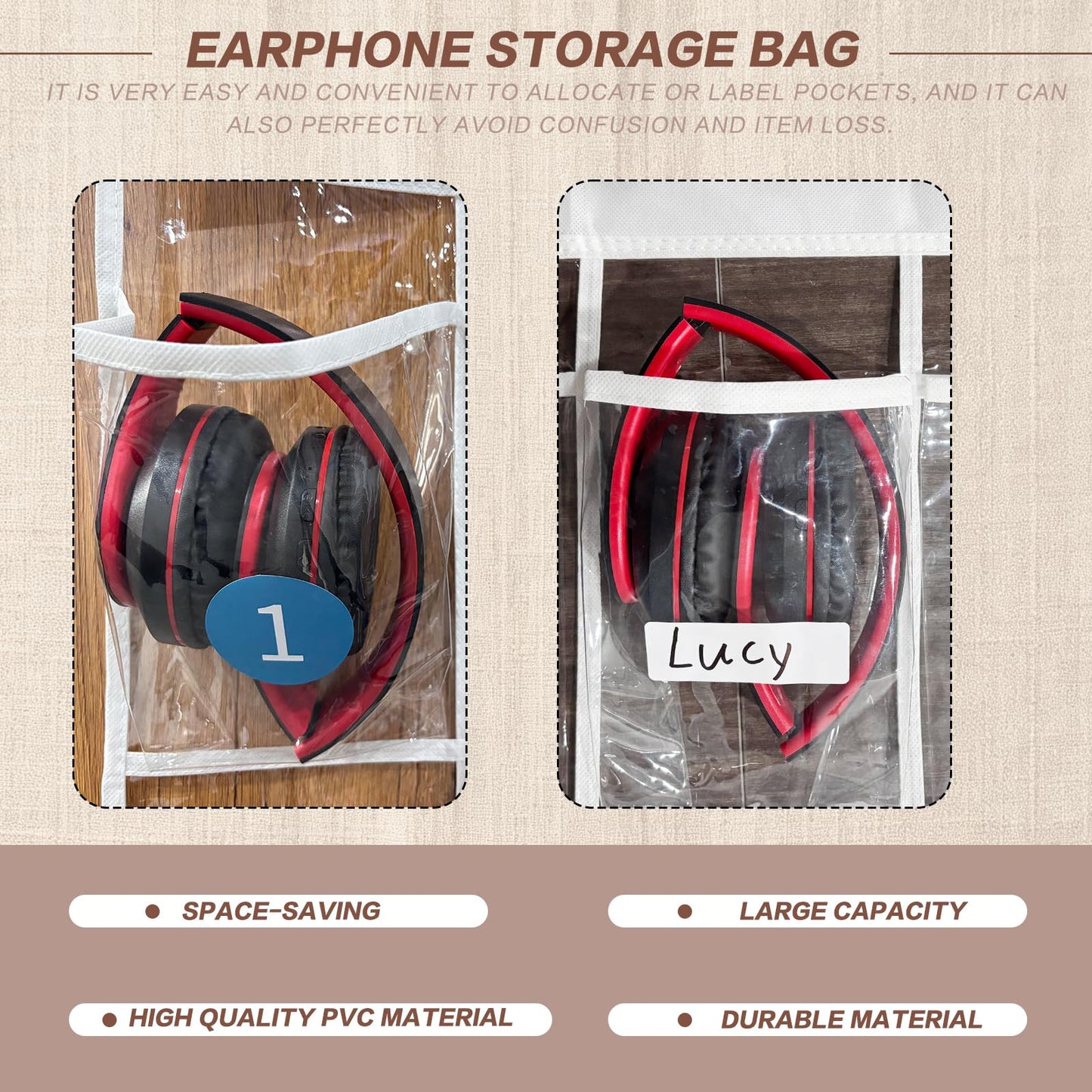 Bifrgmy 2 Pack Clear PVC Classroom Headphone Storage Organizer - 30 Pocket Over-the-Door Hanging Holder Bag for Headphones/Cell Phones, Includes 62 Labels