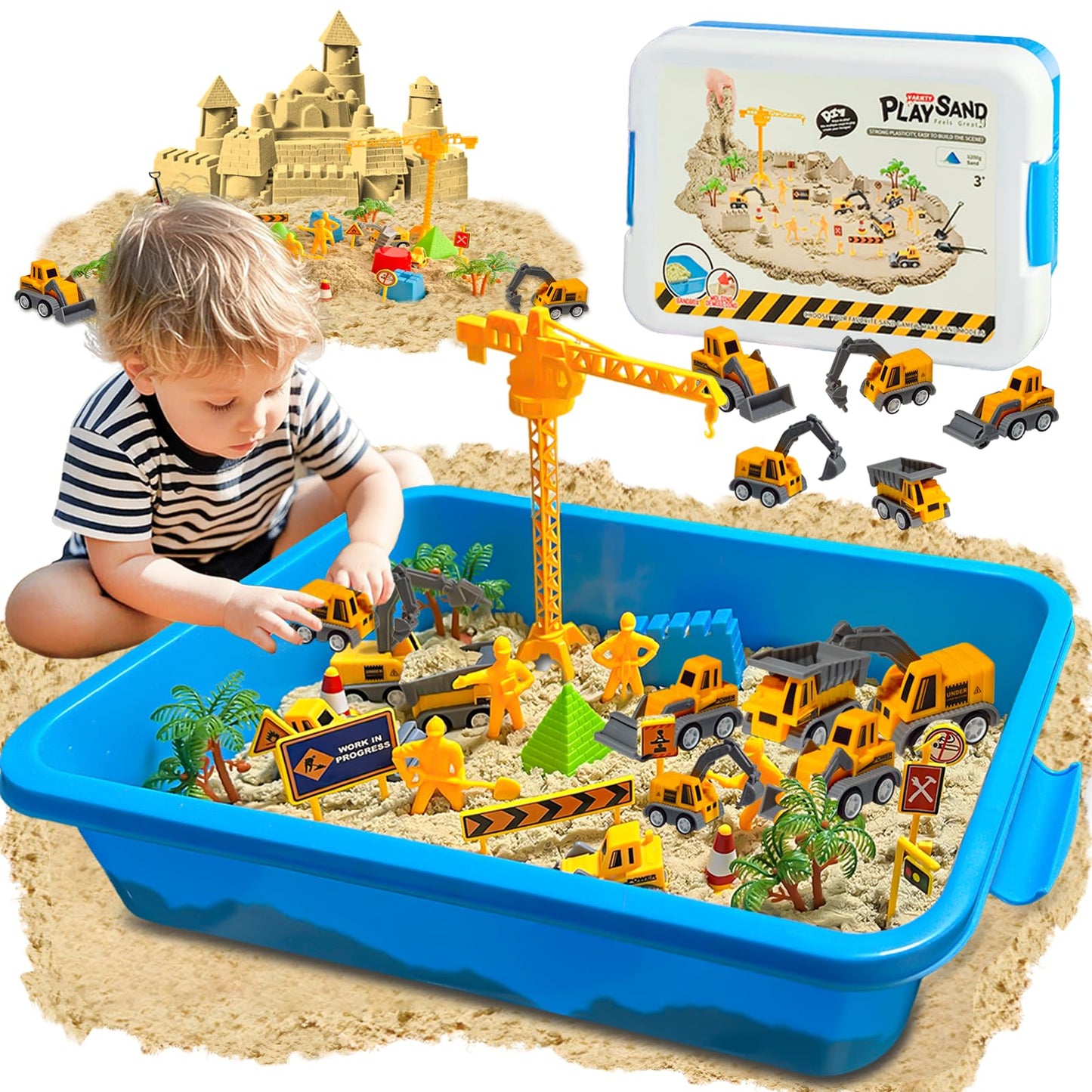 BlingCnsy Construction Sensory Bin with Lid, 2.2lbs Magic Sand & 5 Construction Trucks, Sensory Sand Kit Construction Toys for 3 4 5 6 7 8+ Year Old Boys Toddlers Christmas Birthday Gift