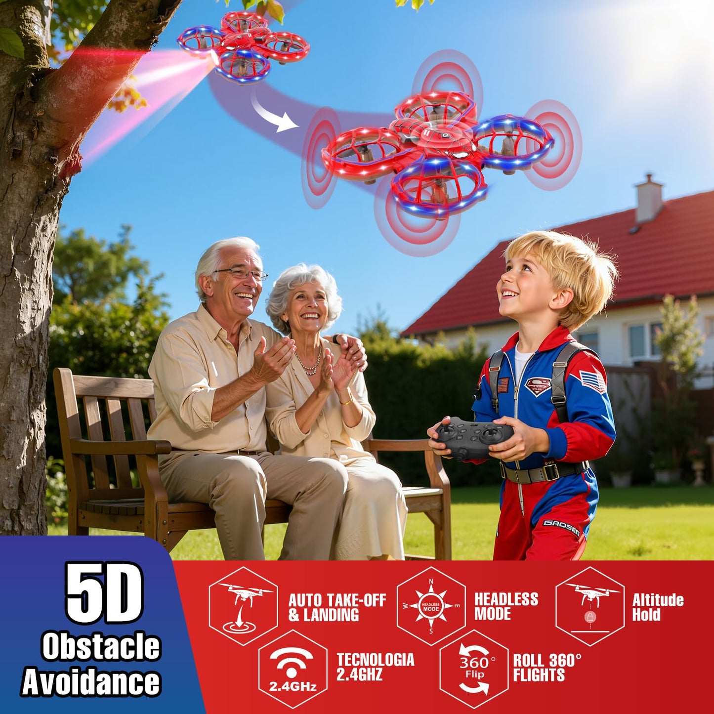 Gretex Spider Drones for Kids 8-12: Stunt Drone 5D Obstacle Avoidance RC Quadcopter, 3D Flips, Auto Hovering, LED Lights, Indoor Outdoor Remote Control Helicopter for Boys Girls Adults
