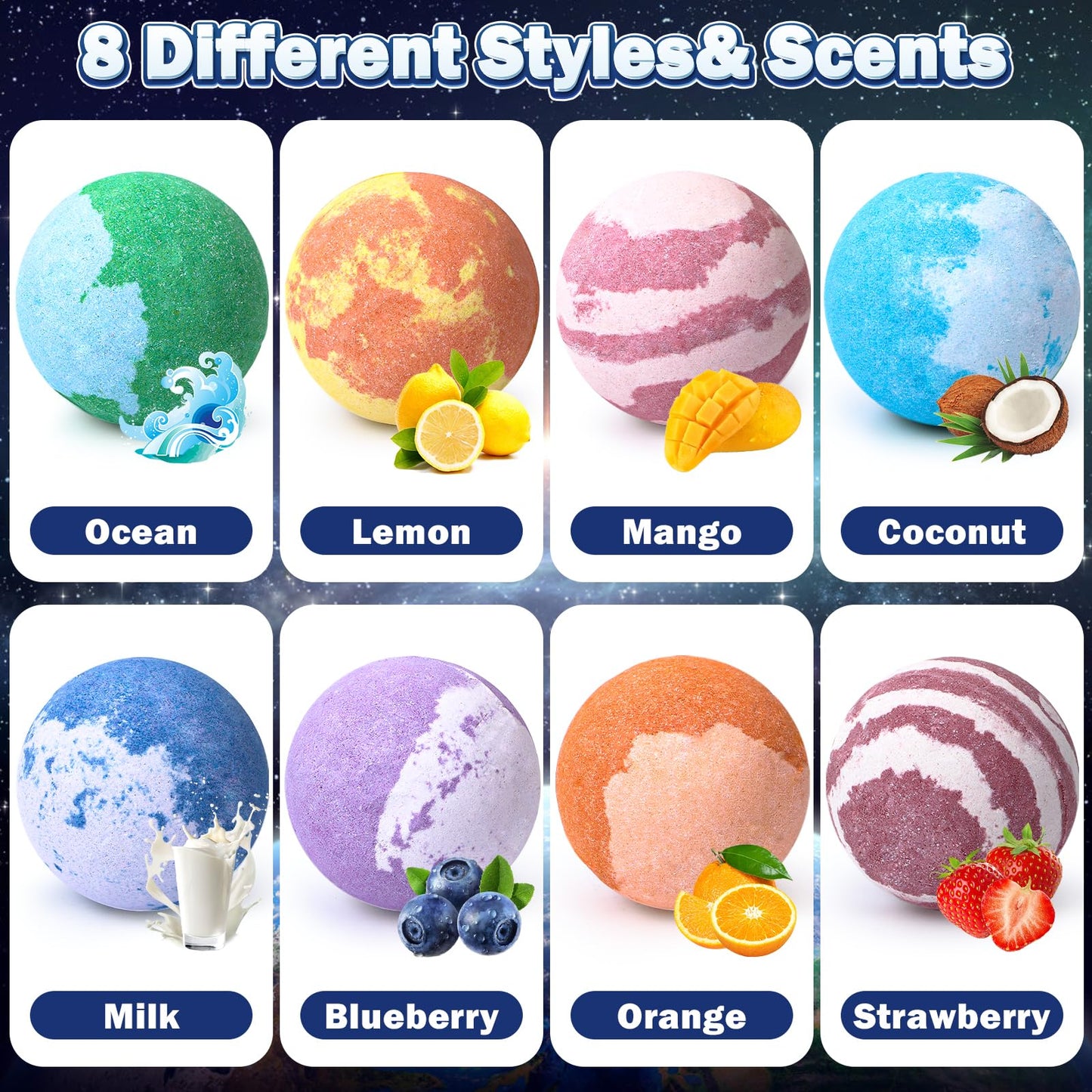 Toylink Galaxy Bath Bombs for Kids with Surprise Inside Space Toys, 8 Pack Planet Bath Bombs with Solar System Gemstones Organic Bubble Bath Fizzies Birthday Christmas Gift for Boys Girls