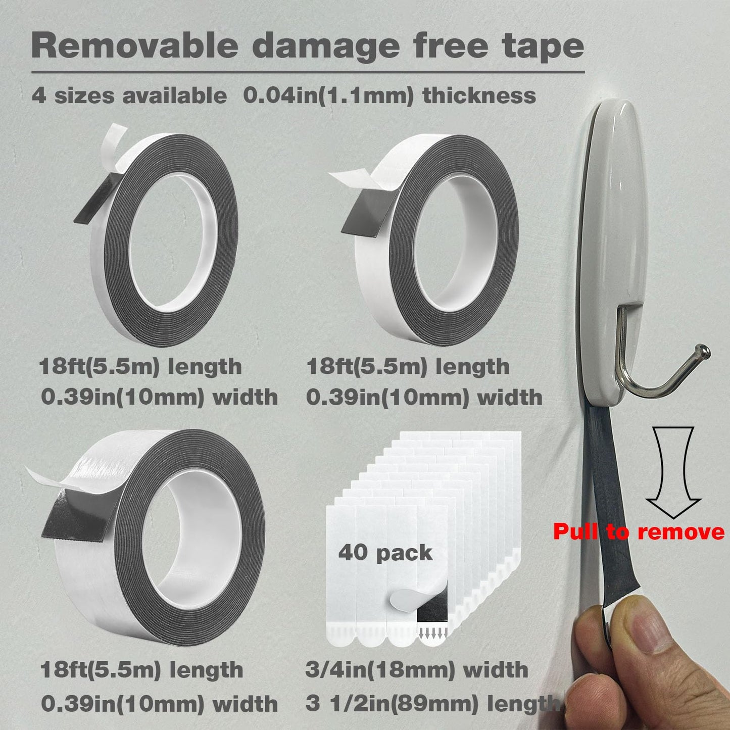 Hasaky Damage Free Removable Wall Tape 18ft, Rug Gripper Heavy Duty Double Sided Tape Black, Picture Hanging Strips Replacement, Mounting Tape Adhesive Strips