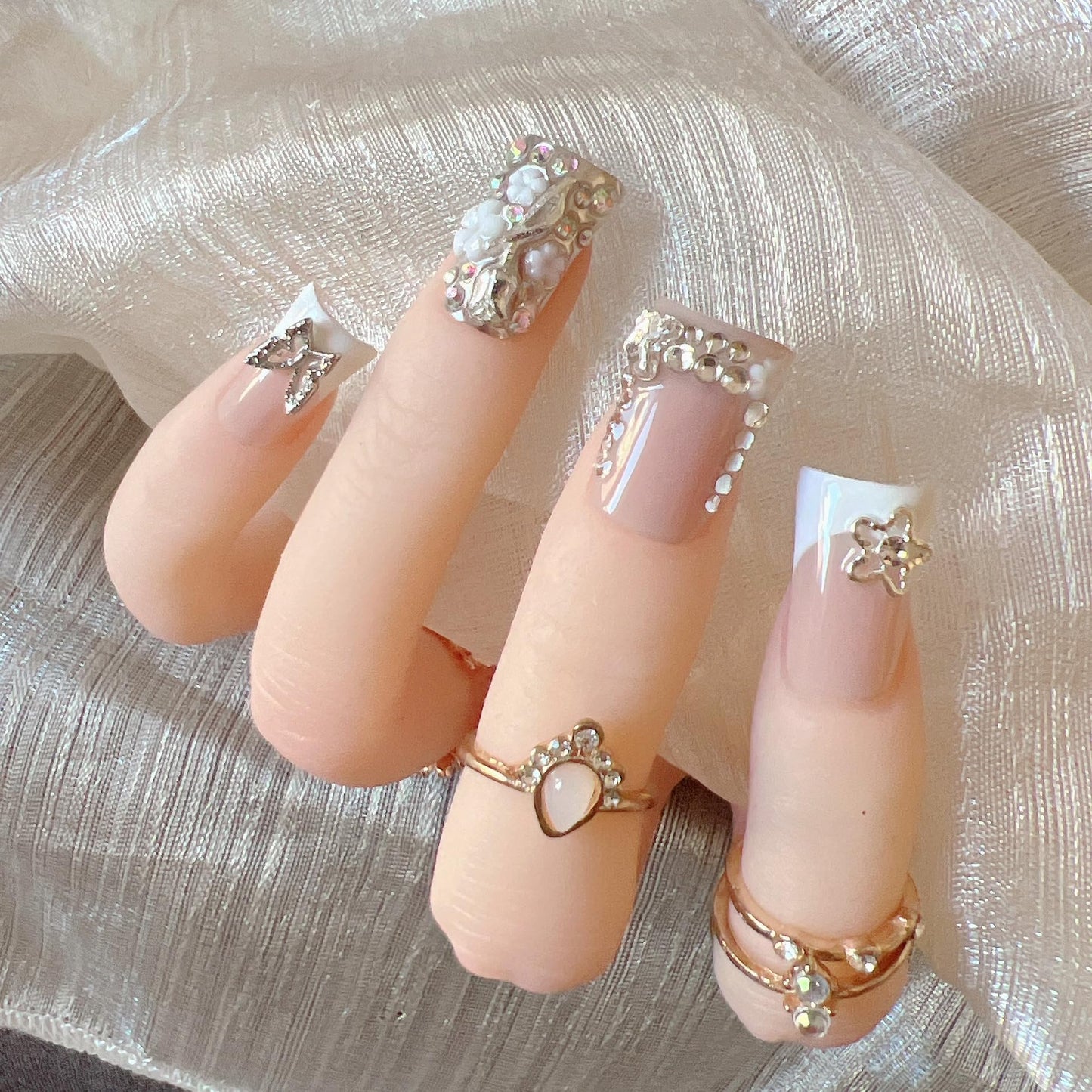 NAIL ANGEL 10PCS/SET Glamorous Handmade Press On Nails Leopard Prints Butterfly Rhinestones French Style Duck Nails Party Nails Duckbill Artifical Tips ZJ16/17 (ZJ-17, M)