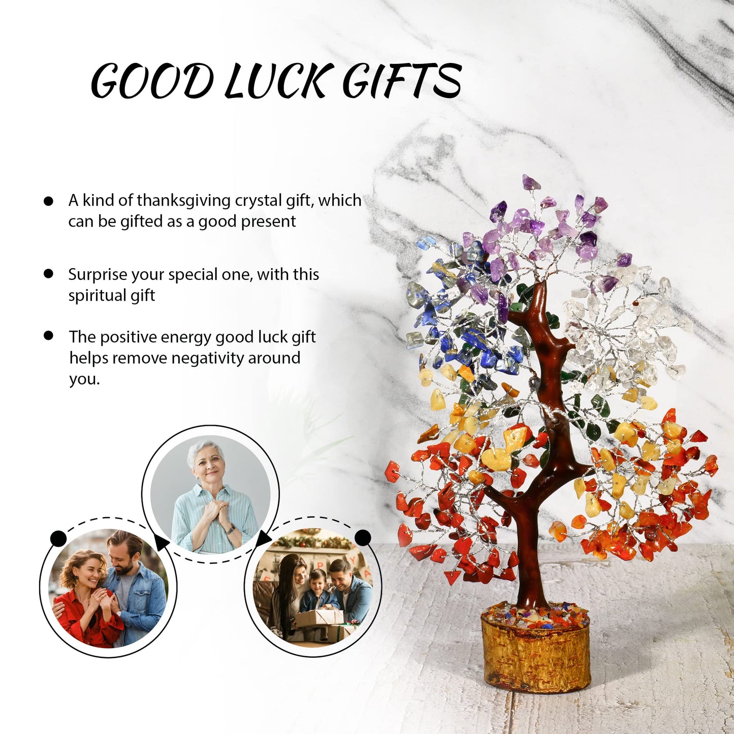 PYOR 7 Chakra Crystal Bonsai Tree, 10-12 inch, Red, Amethyst, Lapis, Carnelian, Clear Quartz, Yellow Aventurine, Green Aventurine, Silver Wire