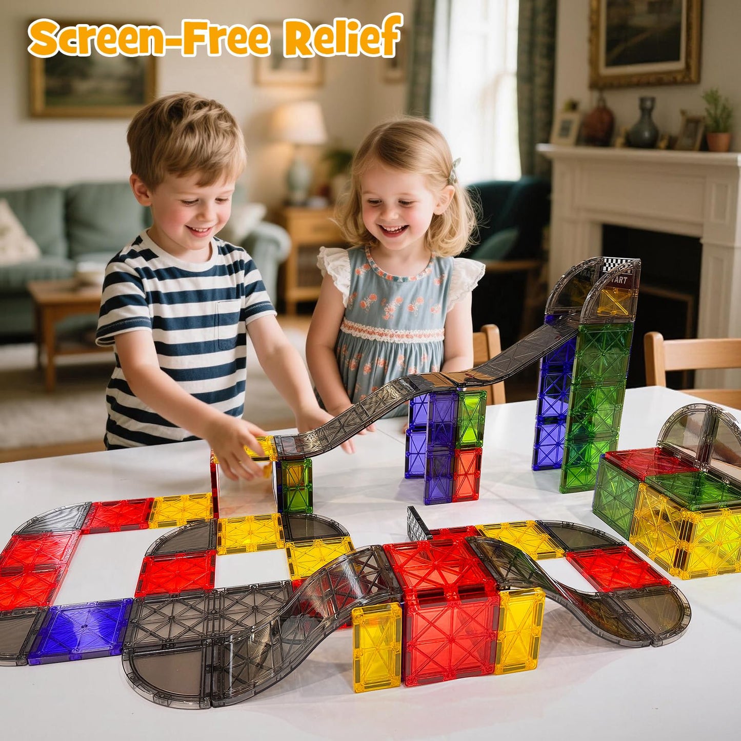 WMXDU 2-in-1 Dynamic Magnetic Downhill & Race Track Set - 40PCS Expandable Magnetic Tiles with Car for Creative STEM Play The Ultimate Travel Toy & Gift for Kids Ages 3-8 (40pcs-Race Set)