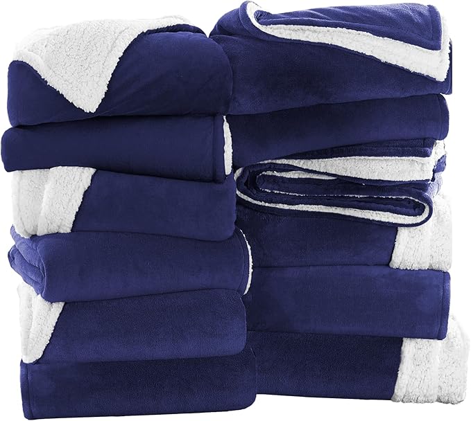 IR Imperial Rooms Navy Sherpa Fleece Throw Blanket Twin Size for Bed - Wholesale Bulk Pack of 12 Sherpa Blankets - Soft Fluffy Throw Blankets for Hotels, Guest Bedroom, 60x80 Inches