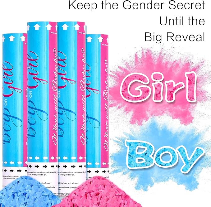 Confetti Cannon Gender Reveal 12 inch Powder Confetti Poppers for Boy or Girl Set of 4 Gender Reveal Decorations Smoke Cannon Party Poppers for Gender Reveal Party Blue or Pink Confetti Powder Poppers