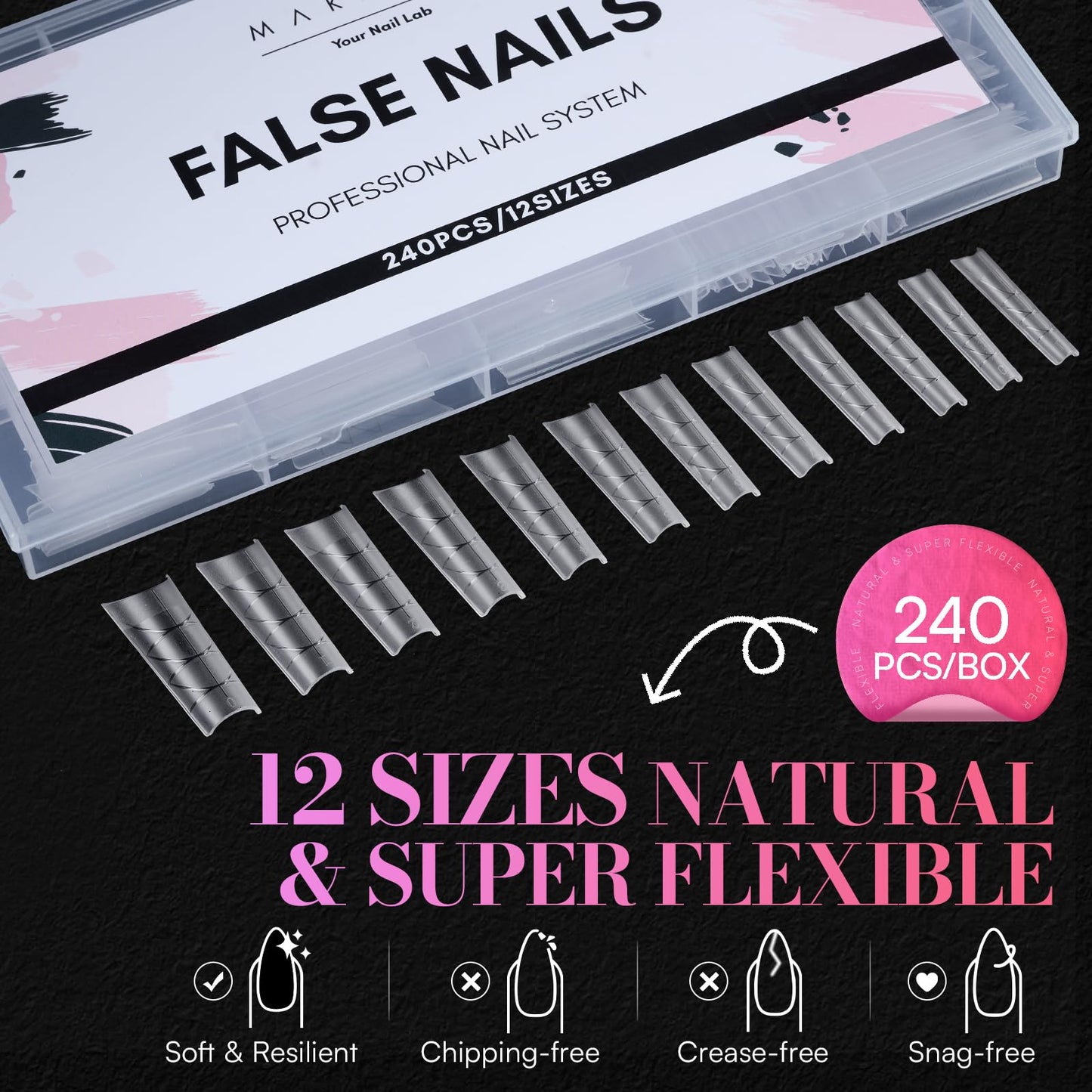 Makartt XL Tapered Square Nail Tips with Alignment Guides, Half Cover Fake Nails, Natural C Curve, Matte Clear Straight Nails for Extension, Nail Art Design Manicure Salon Home DIY, 240pcs 12 Sizes