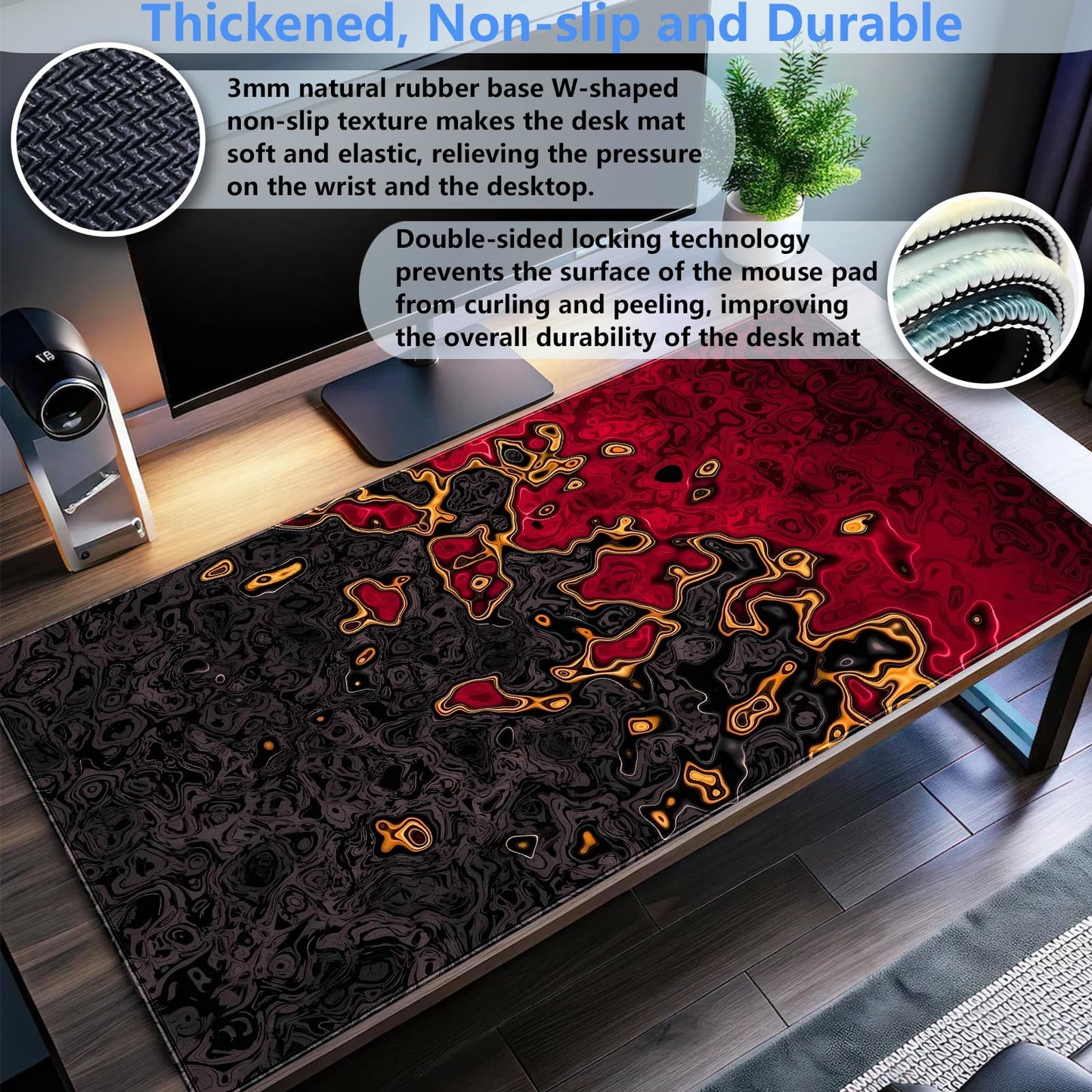 Shalysong Red and Black Large Gaming Mouse Pad, Fluid Abstract Art Desk Mat 31.5x15.7 inch, Extended XL Non-Slip Micro-Fiber Surface with Natural Rubber Base for Computer Laptop, Home or Office Use
