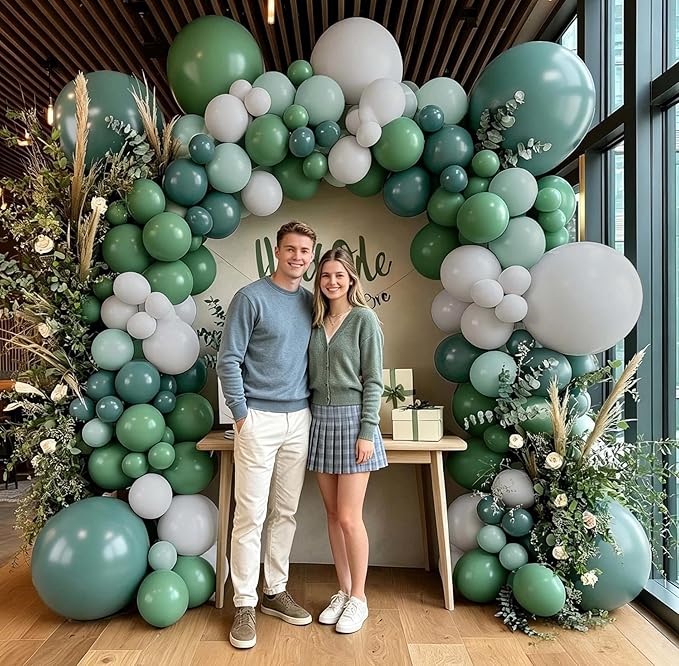 Dusty Blue & Sage Green Balloon Arch Kit, Double Stuffed – Slate Blue, Teal, Dusty Green & White Matte Latex Balloons for Baby Shower, Birthday & Wedding